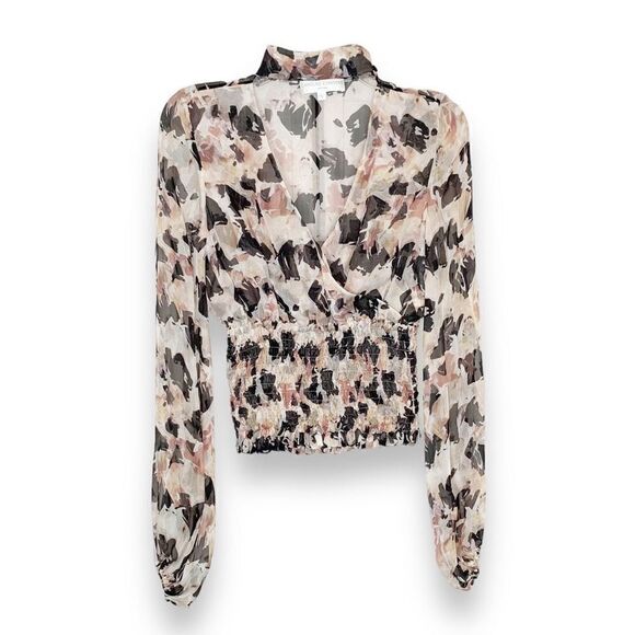 CAROLINE CONSTAS Sonya Smocked Silk Floral Print Sheer Blouse Women’s Size Small - Picture 3 of 12